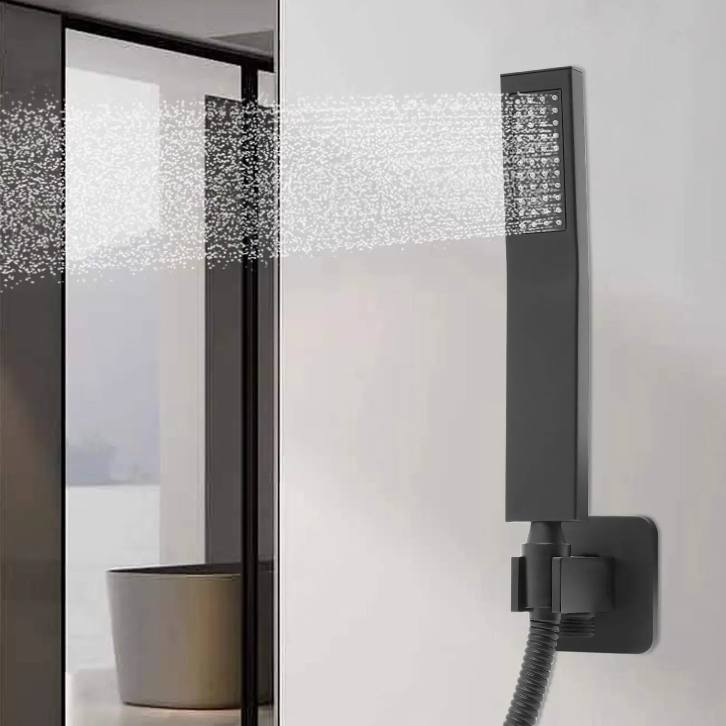 Matte Black Hand Held Shower Head With Wall Connector And 4.9ft Hose Set Square