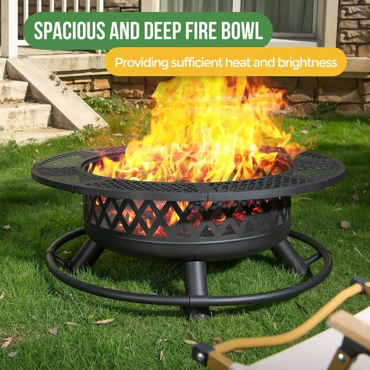 36 Inch Fire Pit with Grill,Wood Burning Fire Pits for Outside with Lid& Fire Poker,Round Metal Firepit Table 3 in 1 with Cookin