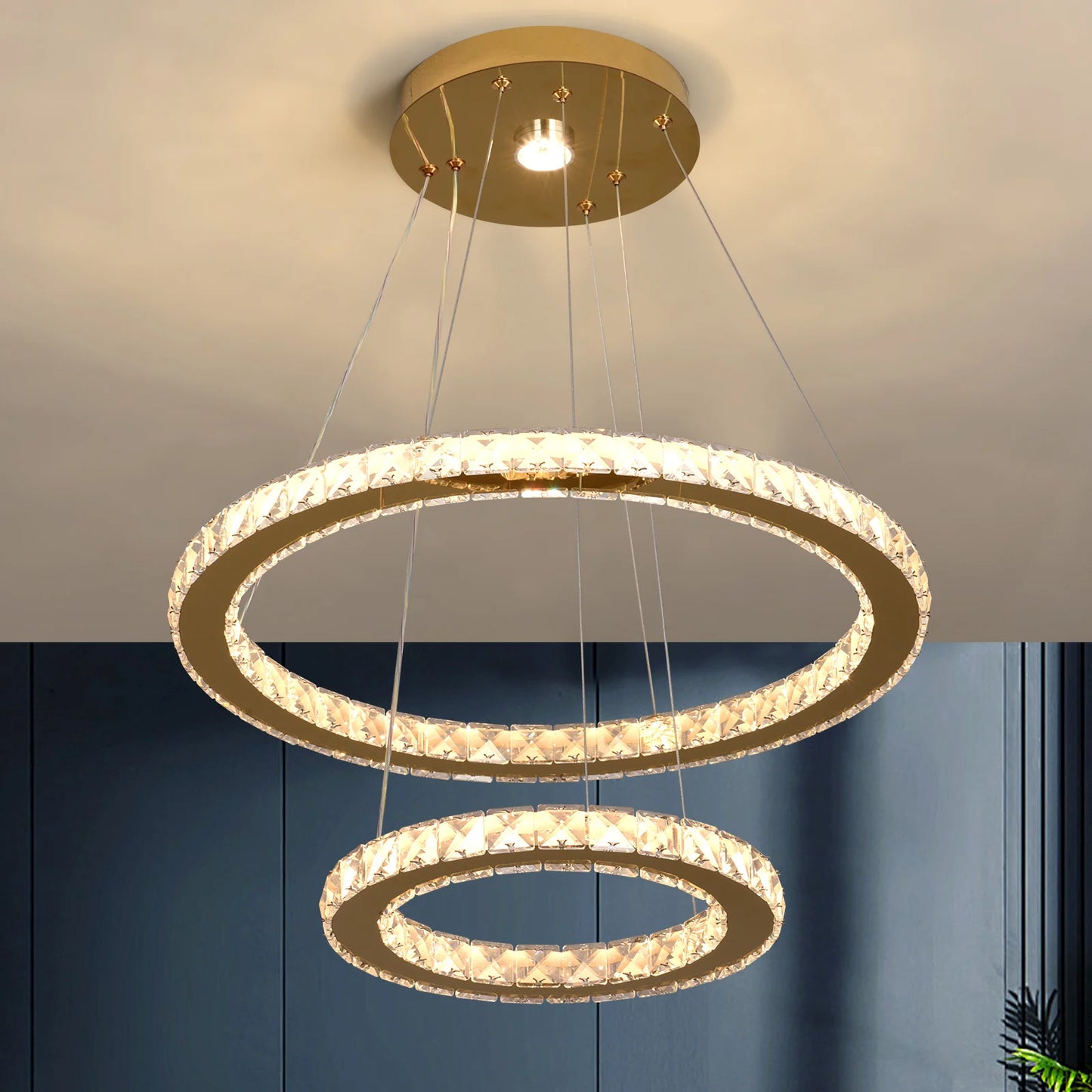 Modern Rings Led Pendant Light Luxury Crystal Dimmable Chandelier Hanging Lustre Ceiling Lamp Living Dining Room Decor Fixture