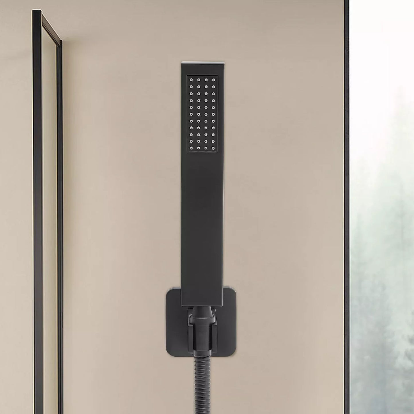 Matte Black Hand Held Shower Head With Wall Connector And 4.9ft Hose Set Square