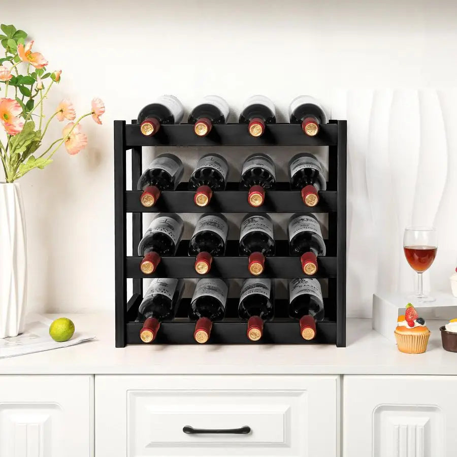 Wine Rack, 4Tier Bamboo Wine Racks Countertop,Sturdy and Durable Wine Storage Cabinet Shelf,16 Bottles Wine Holder for Kitchen P