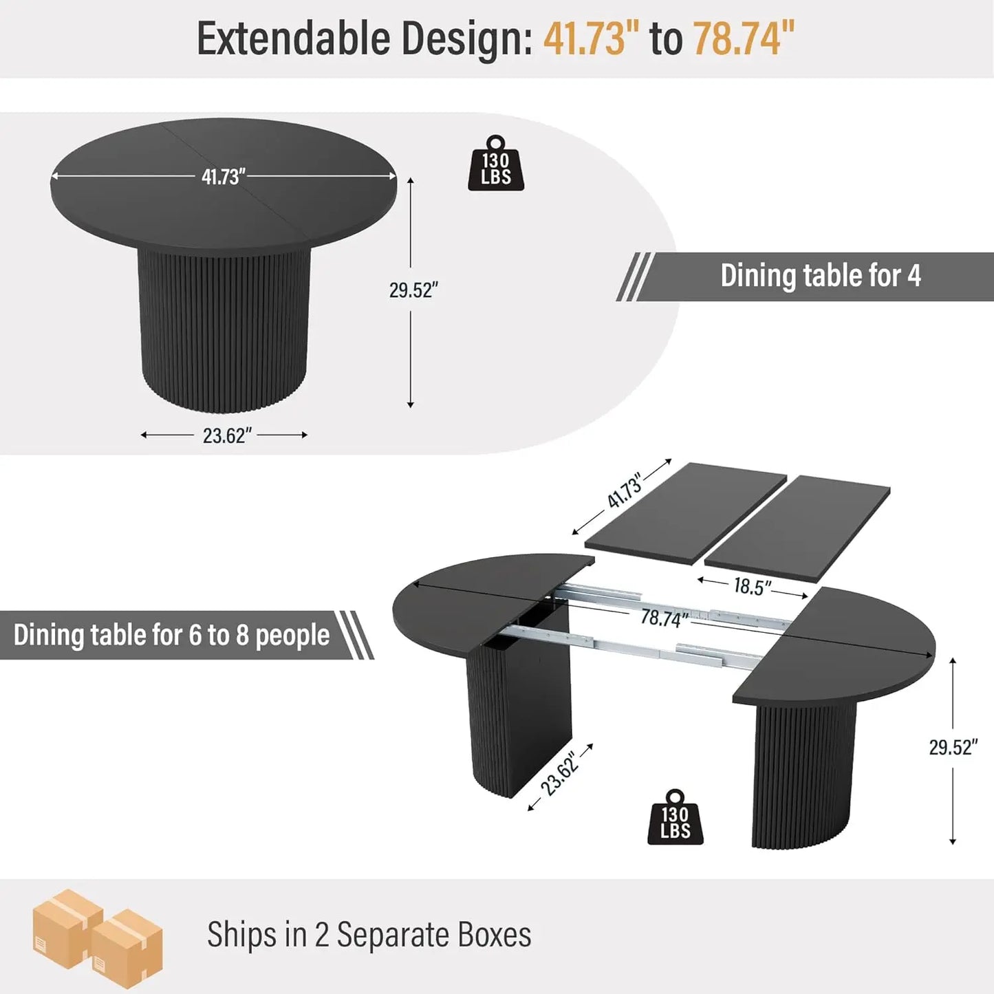 Extendable Dining Table 41-78in Seats 4-8 Round Expandable Kitchen Fluted Base Modern Oval Dining Room Living Room, Customized