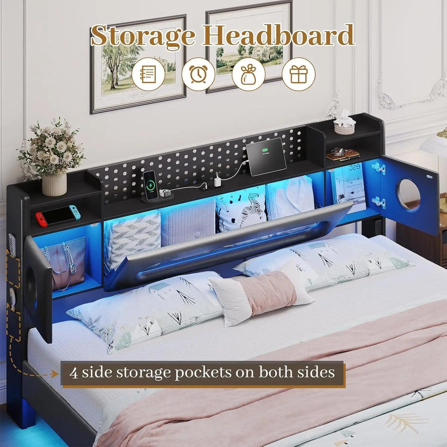 King Floating Bed Frame Storage Headboard LED Light Charging Station Bookcase No Box Spring Noise-Free Black, Customized