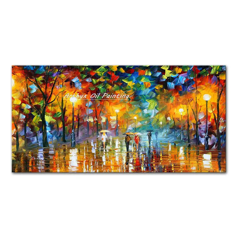 Arthyx,Handpainted Night Knife Oil Painting On Canvas,Wall Art,Modern Abstract Landscape Picture For Living Room Home Decoration