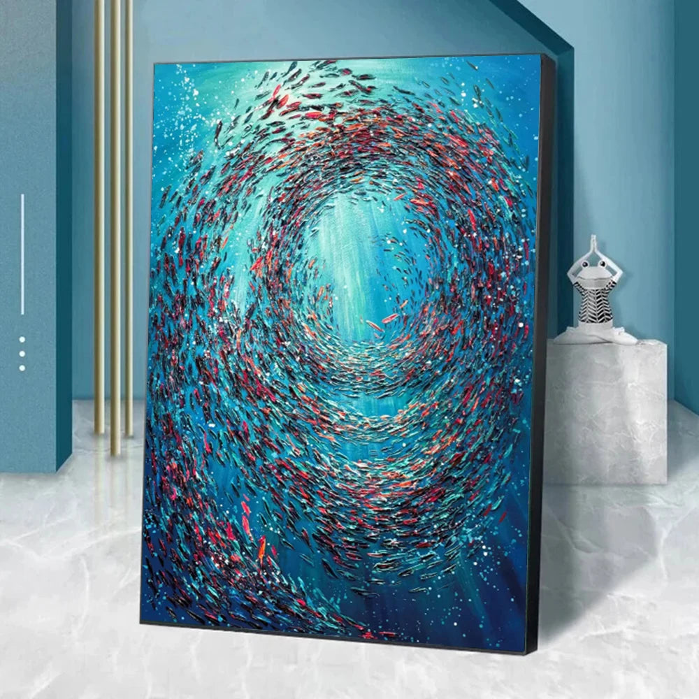 Abstract Large Blue School Of Fish Canvas Painting 3D Texture Underwater World Fish School Art Posters Prints Modern Home Decor