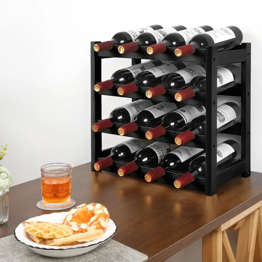 Wine Rack, 4Tier Bamboo Wine Racks Countertop,Sturdy and Durable Wine Storage Cabinet Shelf,16 Bottles Wine Holder for Kitchen P