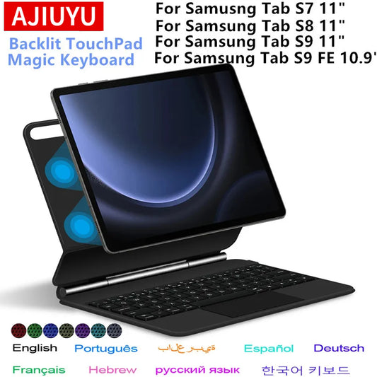 Magic Keyboard for Samsung Galaxy Tab S9 FE 10.9 S9 S8 S7 11-inch Adjustable Stand Case Backlight Touchpad Keypad Multi-Language