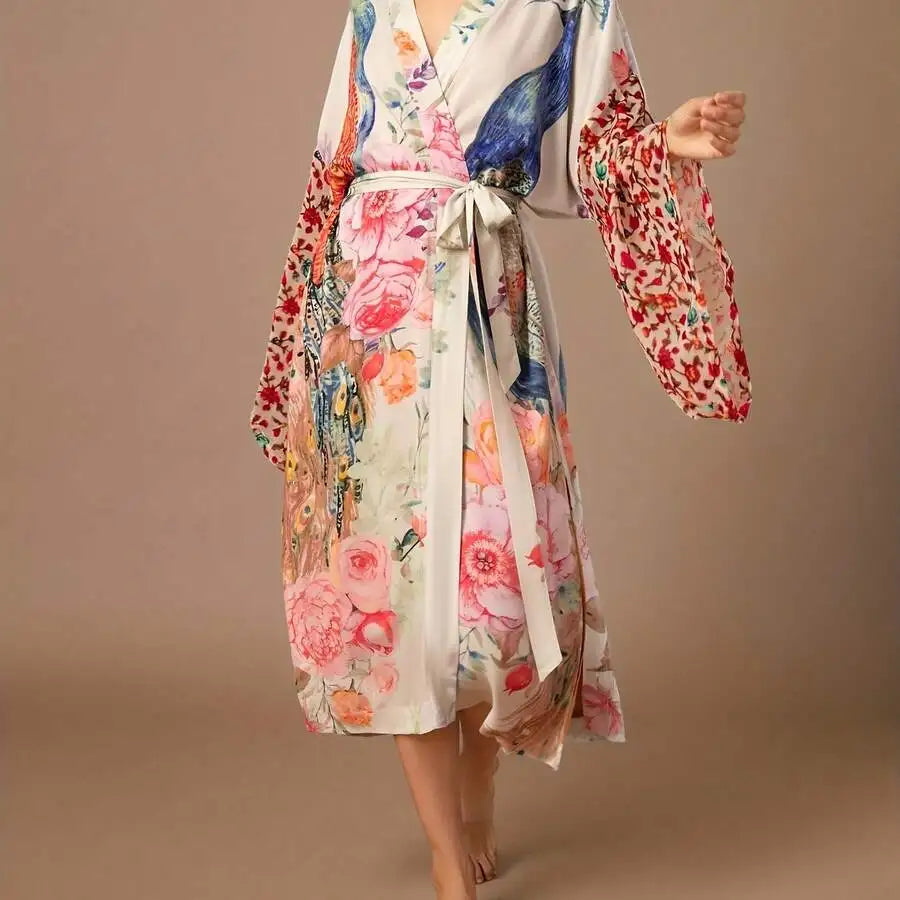 Womens Peacock Floral Print Long Sleeve Open Robe With Waist Belt Homewear