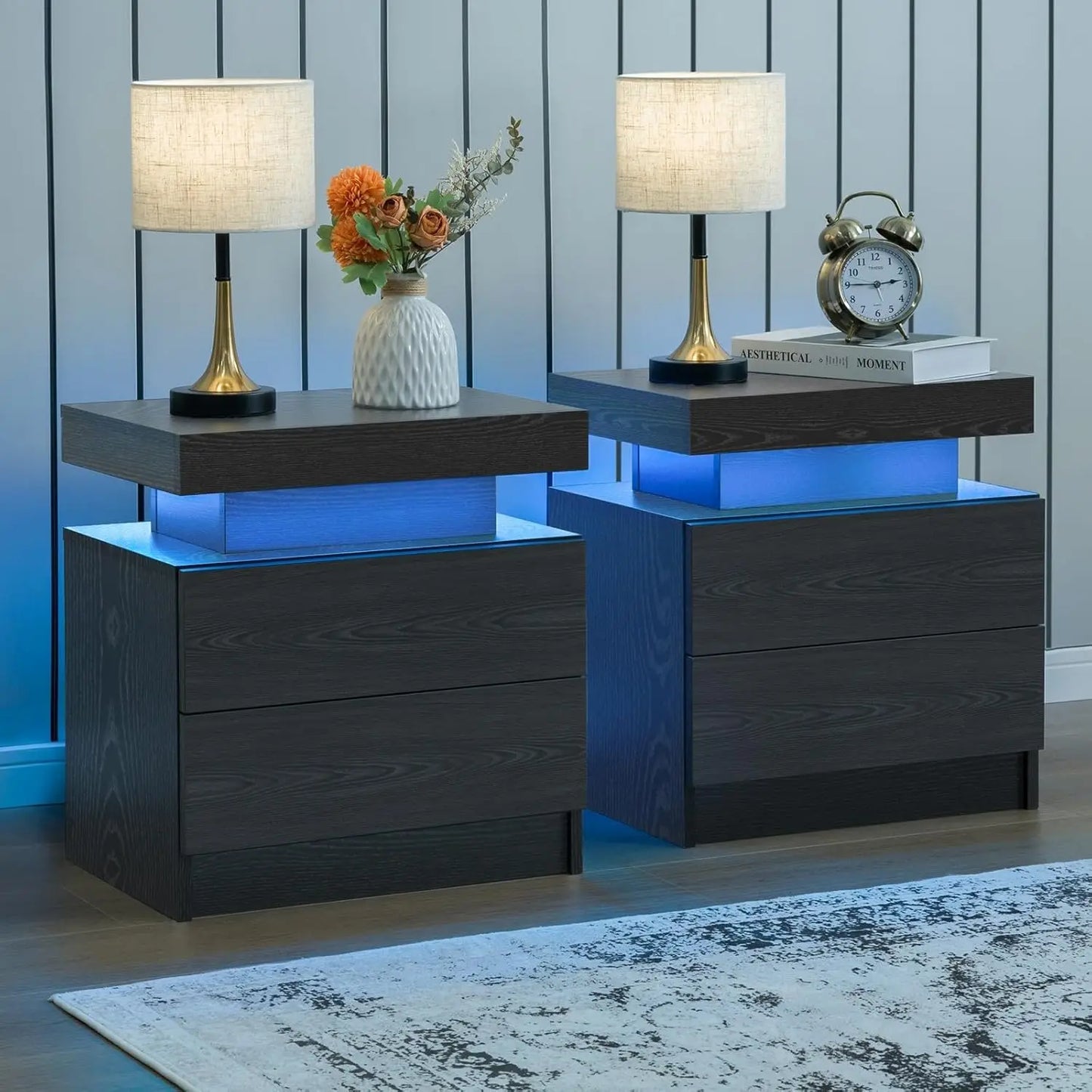 Nightstand Set of 2 LED Nightstand with 2 Drawers,Night Stand Set 2 with LED Light,Bedside Table with Drawers for, Customized