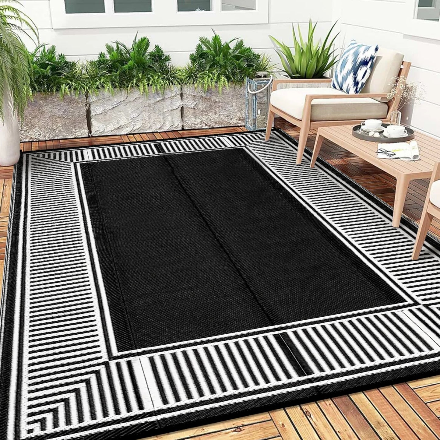 Reversible Outdoor Area Rug- Washable Plastic Geometric Mat  -Portable RV Camping Mat with Carry Bag & Stakes for Patio Porch