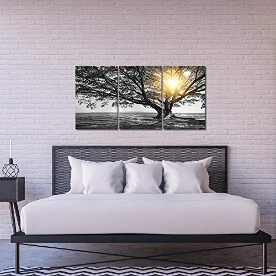 3 Piece Wall Art Black White Tree at Warm Sunrise Landscape Picture Photo Canvas Prints Nature Tree of Life Painting for Home O