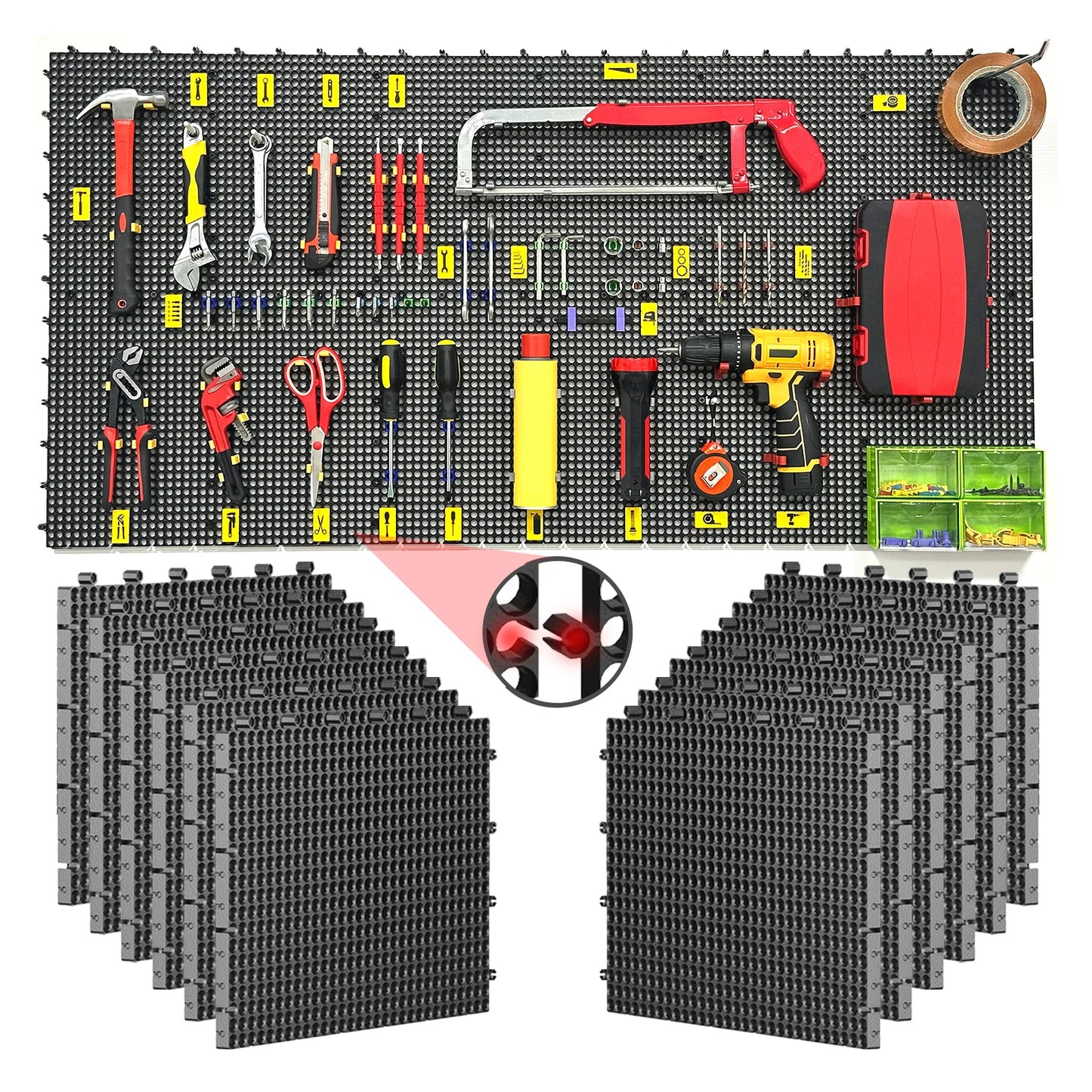 Plastic Pegboard Wall Organizer Kit, 12 Black Panels 121x 61cm,428 Accessories with Hooks, Clips, Modular Tool Storage Board for