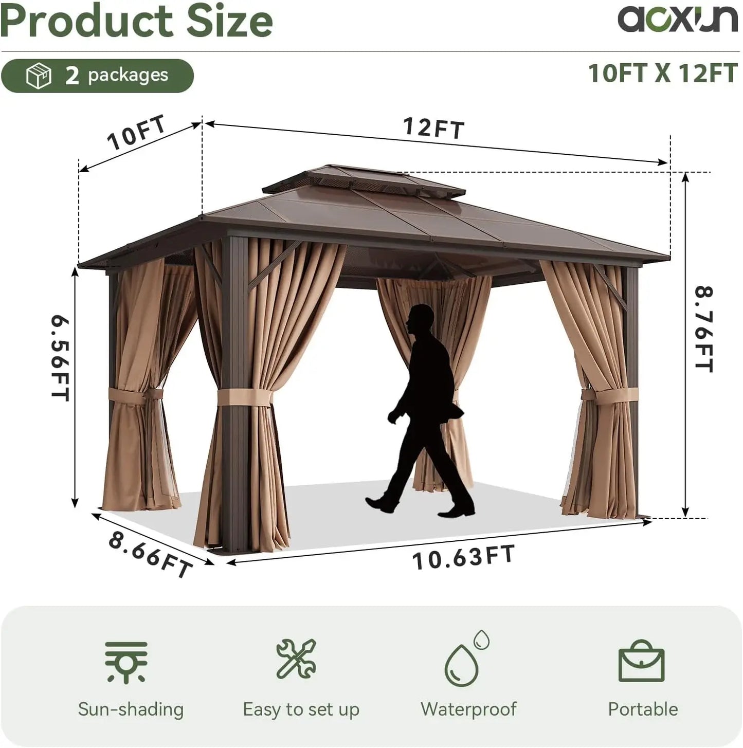 12'x10' Hardtop Gazebo, Aluminum Frame Permanent Pavilion with Curtains and Netting, Outdoor Polycarbonate Double Roof Canopy