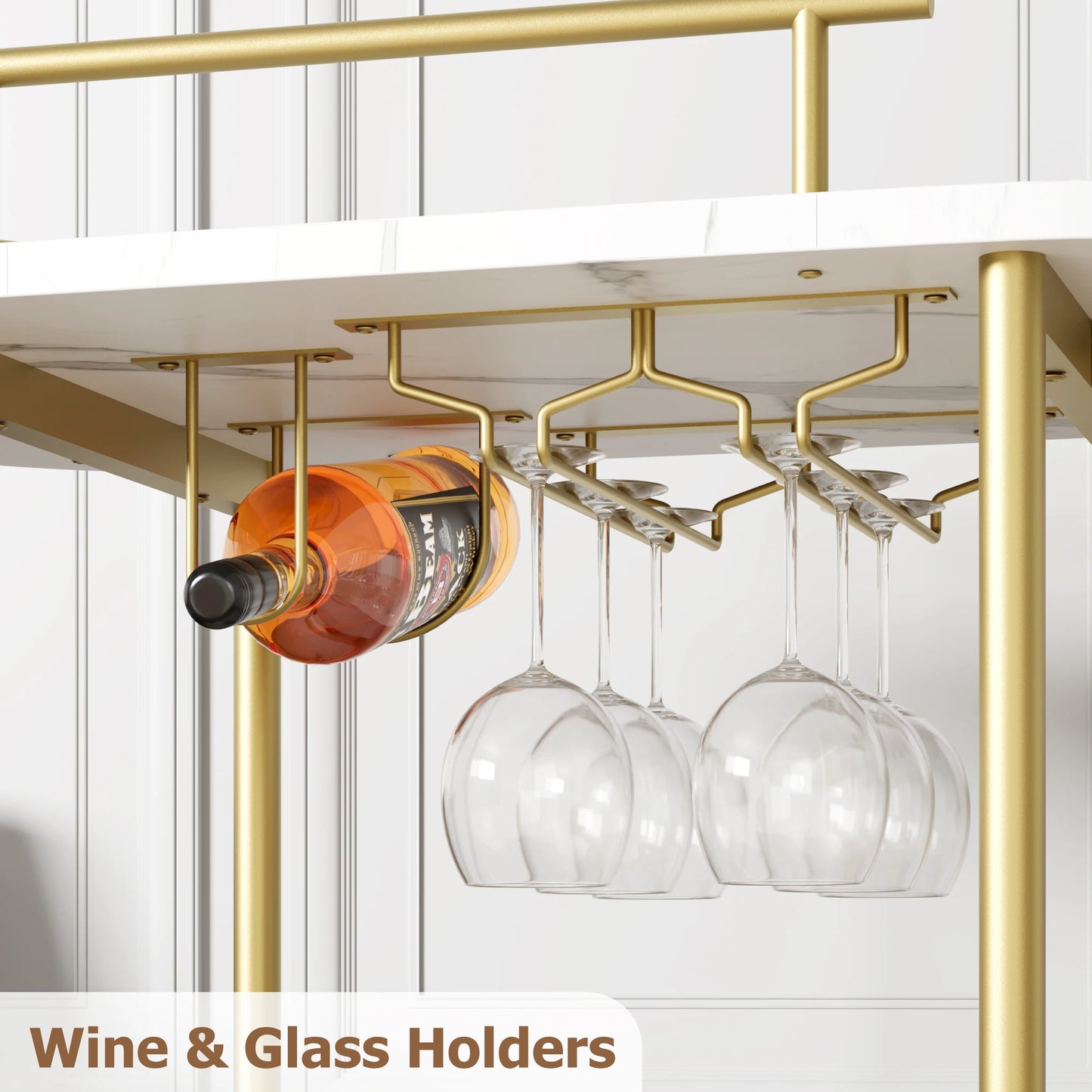 Gold Bar Carts with 4-Tiers Storage Shelves Mobile Bar Seving Carts On Wheels with Wine Rack and Glass Holder for Kitchen
