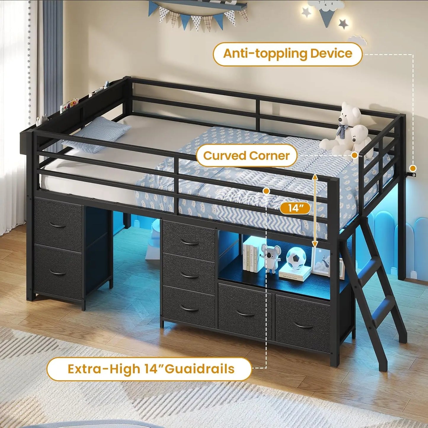 Low Loft Bed Twin Size with 7 Storage Drawers, Bookcase and LED Lights, Metal Kids Loft Bed with 14" H Safety Guardrail,Inclined