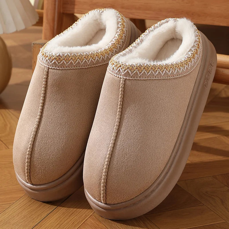Men's High-End New Solid Color Faux Suede Patchwork Couple's Home Slippers, Thick-Soled, Non-Slip, Lightweight, Warm Cotton Slippers for Women