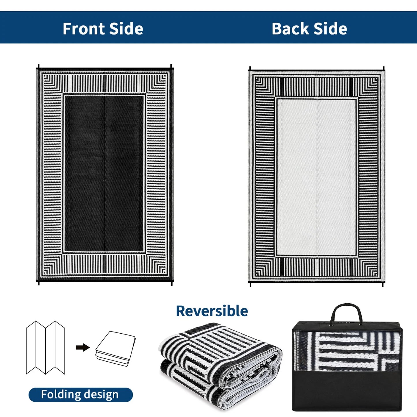 Reversible Outdoor Area Rug- Washable Plastic Geometric Mat  -Portable RV Camping Mat with Carry Bag & Stakes for Patio Porch