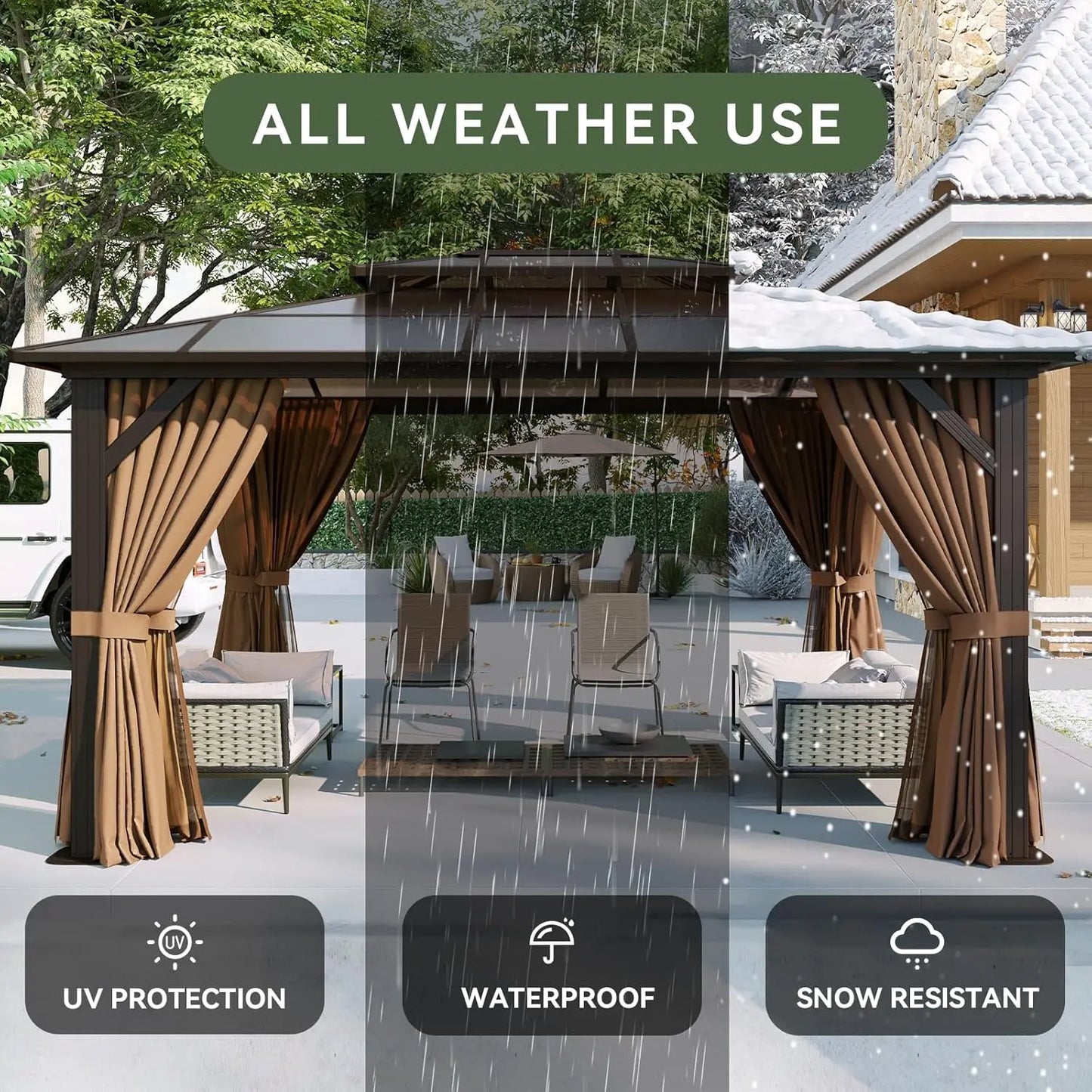 12'x10' Hardtop Gazebo, Aluminum Frame Permanent Pavilion with Curtains and Netting, Outdoor Polycarbonate Double Roof Canopy