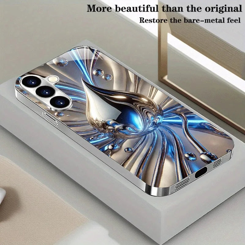 Blue Silver Fluid Drop Electroplated Silver Phone Case For Samsung Galaxy S26 S25 S24 S23 Ultra Plus FE Tempered Glass Cover