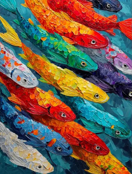 Abstract Large Blue School Of Fish Canvas Painting 3D Texture Underwater World Fish School Art Posters Prints Modern Home Decor