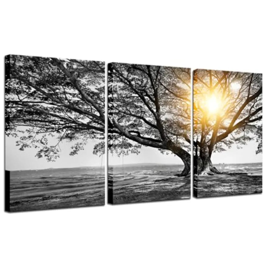 3 Piece Wall Art Black White Tree at Warm Sunrise Landscape Picture Photo Canvas Prints Nature Tree of Life Painting for Home O