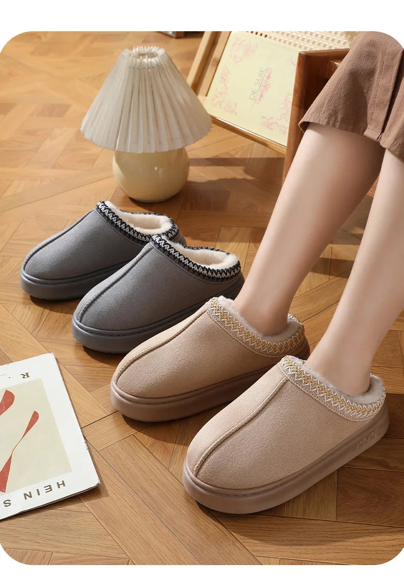 Men's High-End New Solid Color Faux Suede Patchwork Couple's Home Slippers, Thick-Soled, Non-Slip, Lightweight, Warm Cotton Slippers for Women