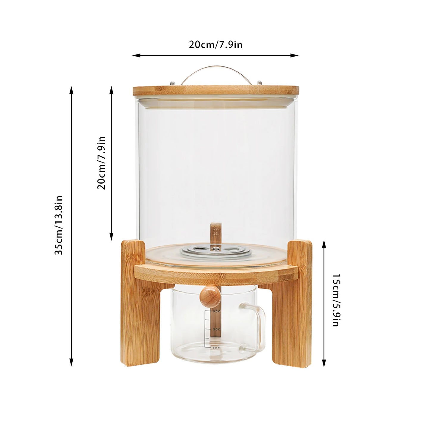 Capacity Airtight Glass Dry Food Storage, Container Cereal Rice Dispenser w/Round Bamboo Lids & Cup & Stand (5 L)