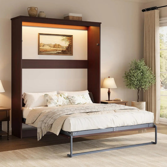 Queen Size Murphy Bed with LED Light, Farmhouse Foldable Wall Bed with Charging Station & Gas Struts, Space-Saving, Customized
