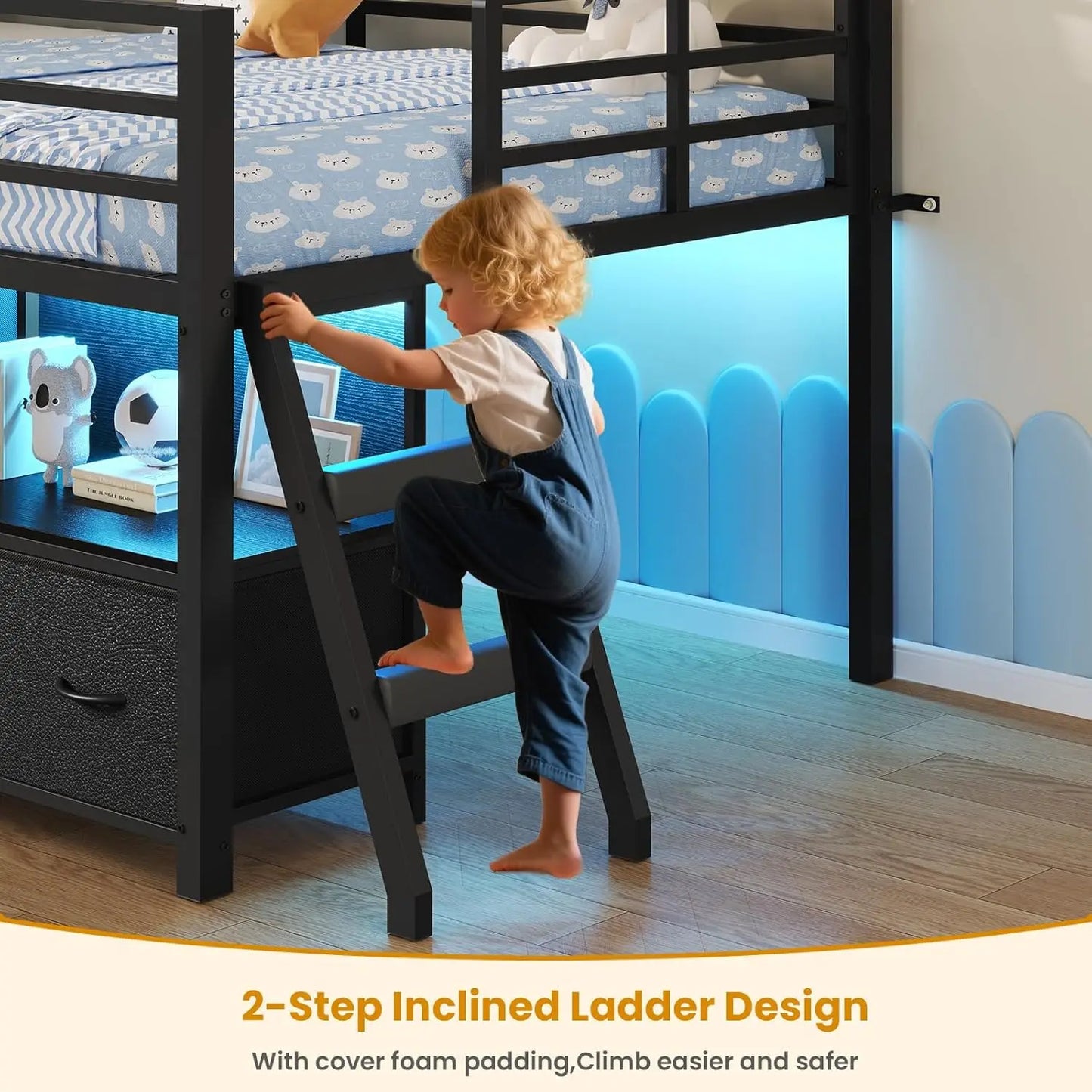 Low Loft Bed Twin Size with 7 Storage Drawers, Bookcase and LED Lights, Metal Kids Loft Bed with 14" H Safety Guardrail,Inclined