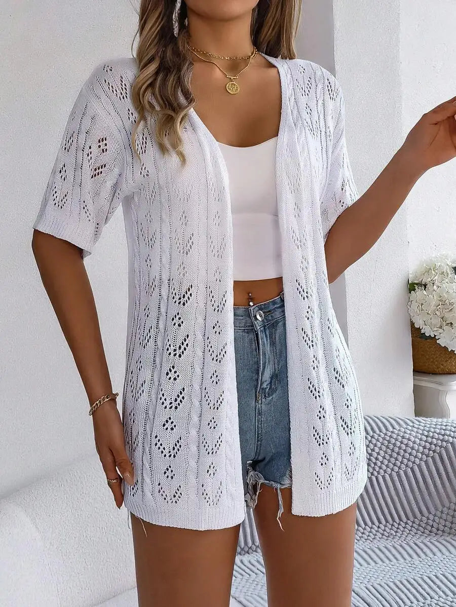 Lightweight Solid Color Hollow Out Knit Cardigan For Women Casual Spring Summer