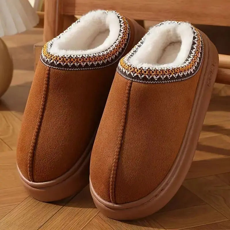 Men's High-End New Solid Color Faux Suede Patchwork Couple's Home Slippers, Thick-Soled, Non-Slip, Lightweight, Warm Cotton Slippers for Women