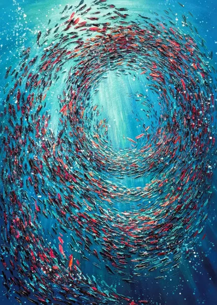 Abstract Large Blue School Of Fish Canvas Painting 3D Texture Underwater World Fish School Art Posters Prints Modern Home Decor