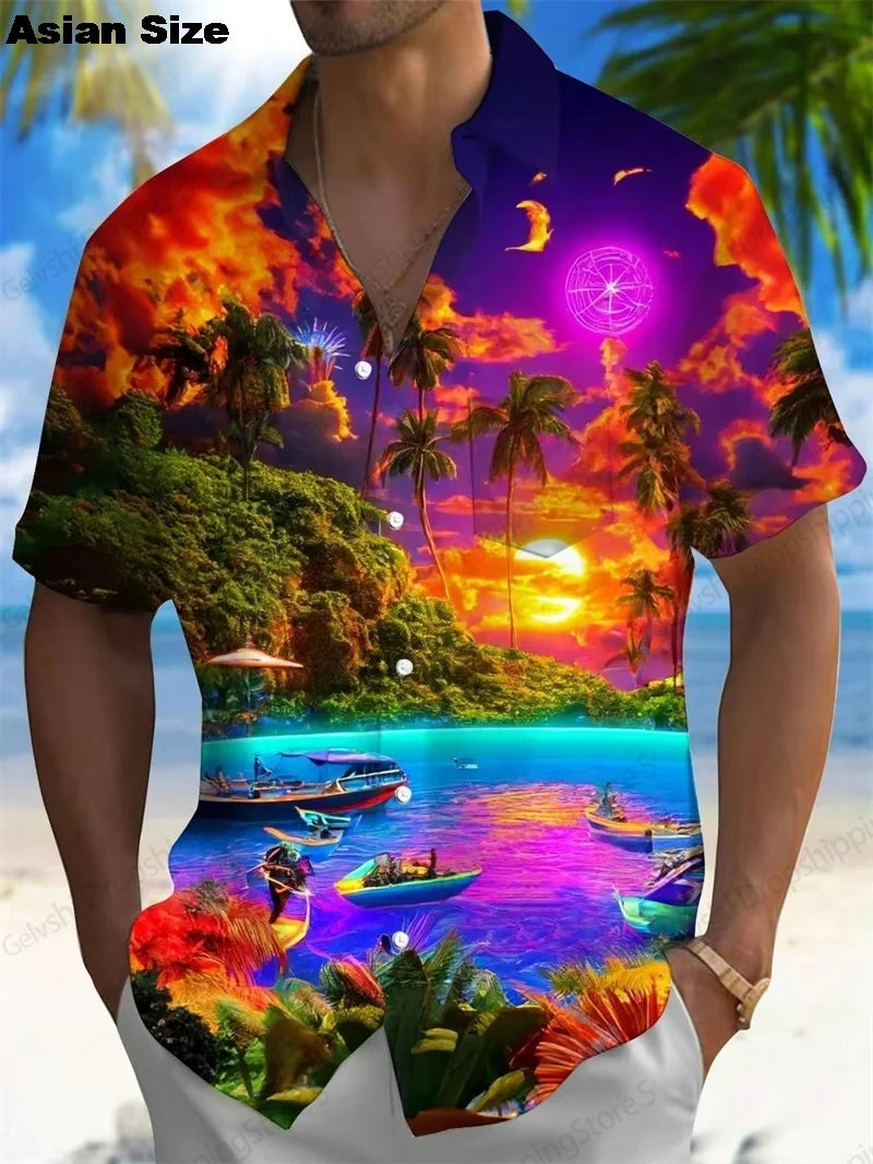 2025 Moon Star Hawaiian Shirt Men Women Fashion Casual Hawaiian Sea Shirts Short Sleeve Button Blouse Festive Holiday Tops