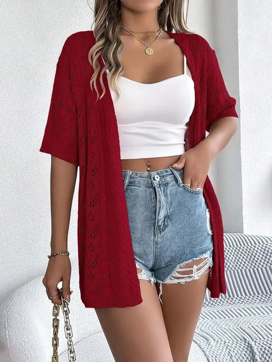 Lightweight Solid Color Hollow Out Knit Cardigan For Women Casual Spring Summer