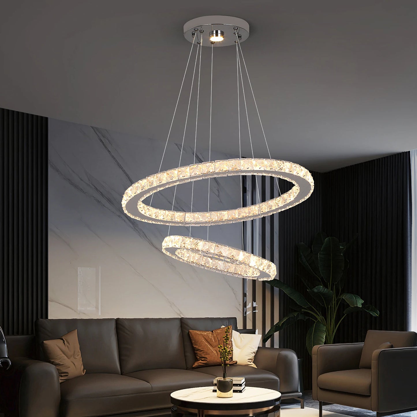 Modern Rings Led Pendant Light Luxury Crystal Dimmable Chandelier Hanging Lustre Ceiling Lamp Living Dining Room Decor Fixture