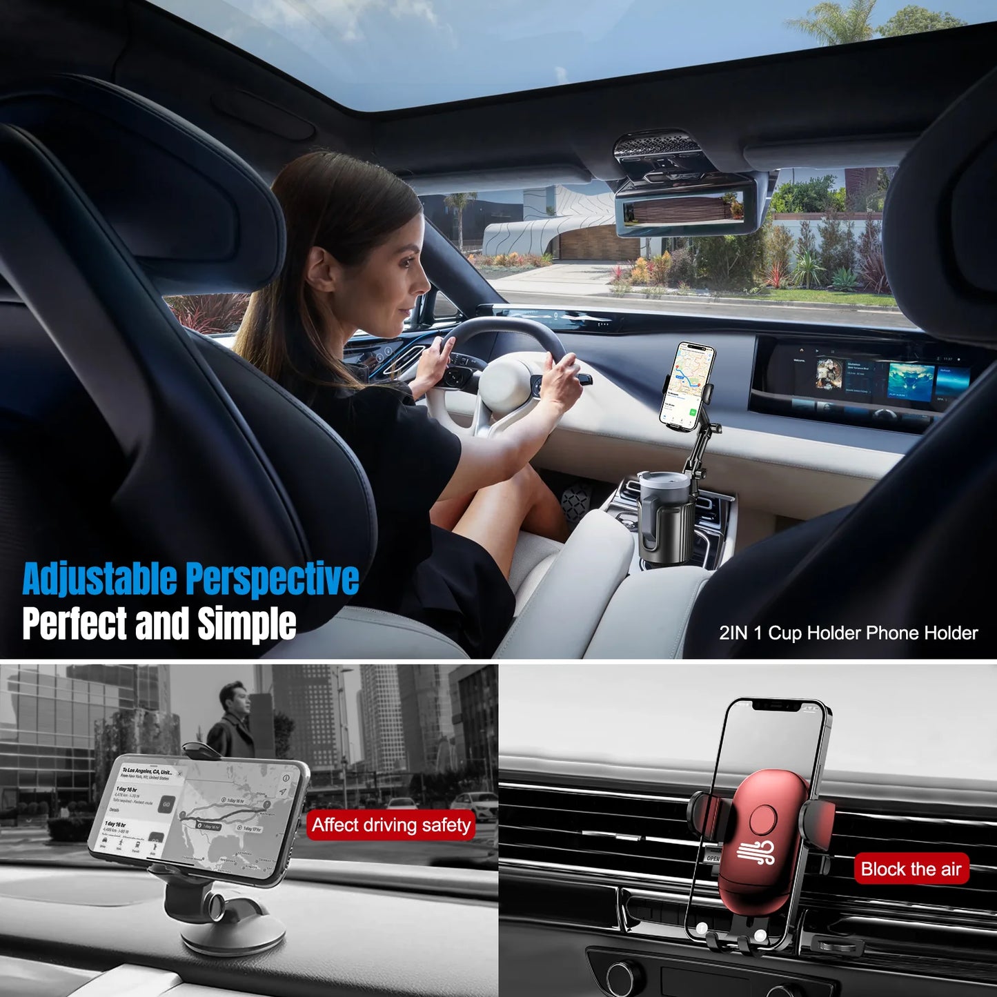 Car Cup Holder Phone Mount 360° Rotatable 2 in 1 Universal Cup Holder For iPhone Samsung Smartphones with Adjustable Base