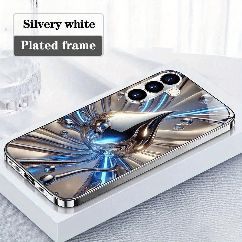 Blue Silver Fluid Drop Electroplated Silver Phone Case For Samsung Galaxy S26 S25 S24 S23 Ultra Plus FE Tempered Glass Cover