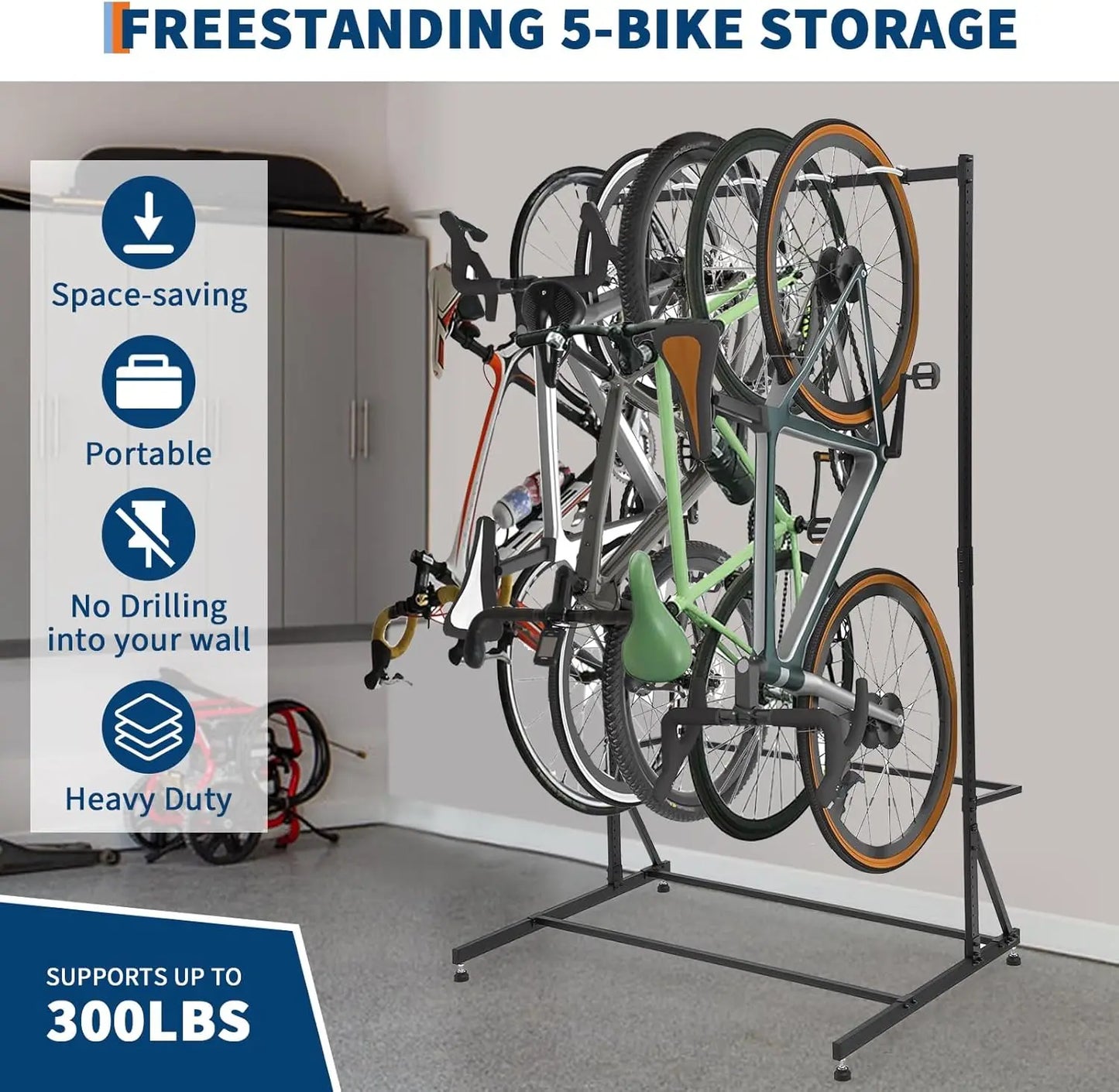 Freestanding Bike Stand for Garage, 5 Bike Storage Rack Vertical Bike Storage Stand Adjustable Height, Up to 300Lbs for Backyard