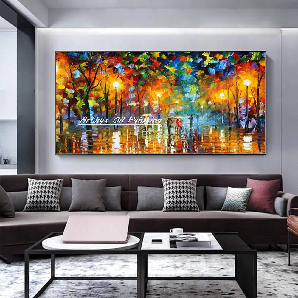 Arthyx,Handpainted Night Knife Oil Painting On Canvas,Wall Art,Modern Abstract Landscape Picture For Living Room Home Decoration