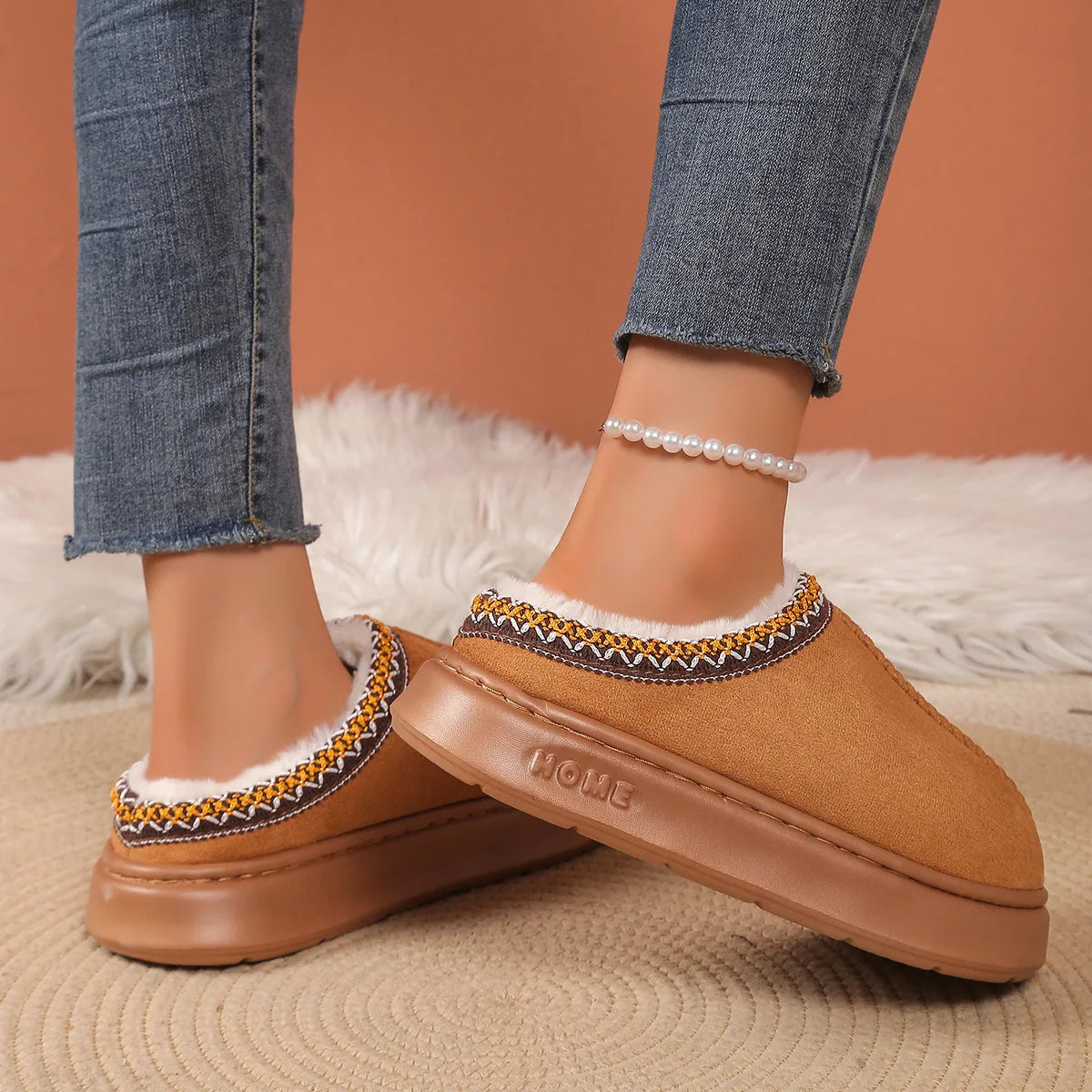 Men's High-End New Solid Color Faux Suede Patchwork Couple's Home Slippers, Thick-Soled, Non-Slip, Lightweight, Warm Cotton Slippers for Women