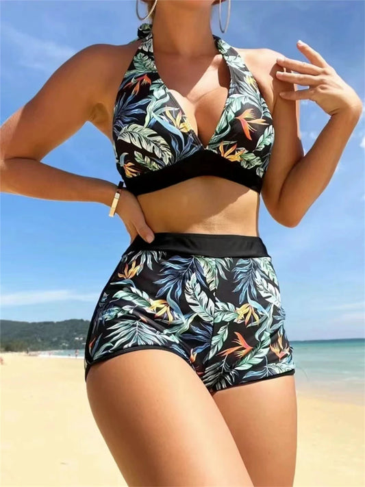 Halter Bikini 2026 Women High Waist Swimwear Female Sexy Swimsuit Leaf Printed Beachwear Bathing Swimming Suit Summer Beachwear