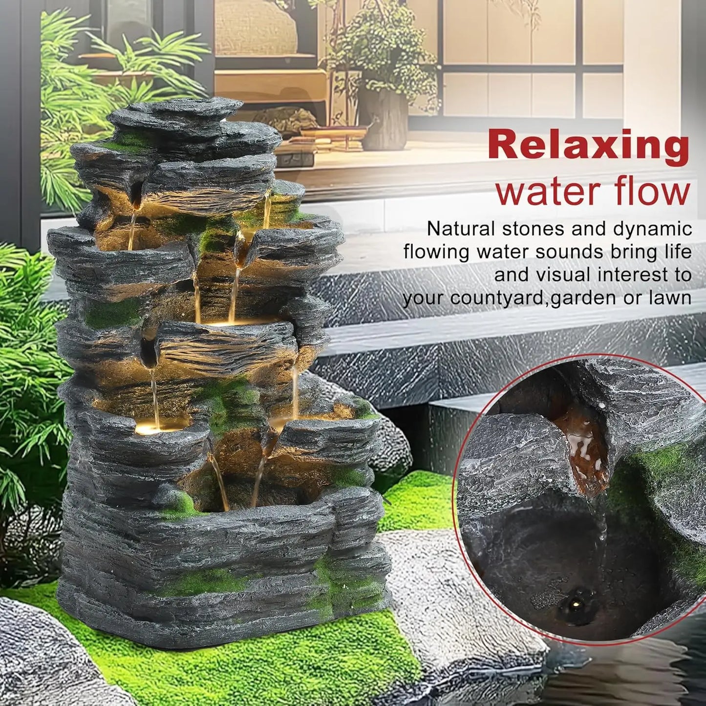 Garden Fountains Outdoor, 7-Tiers Cascading Rock Water Fountain, 24.4" H Waterfall Fountain Indoor with 6 LED Lights, Custom