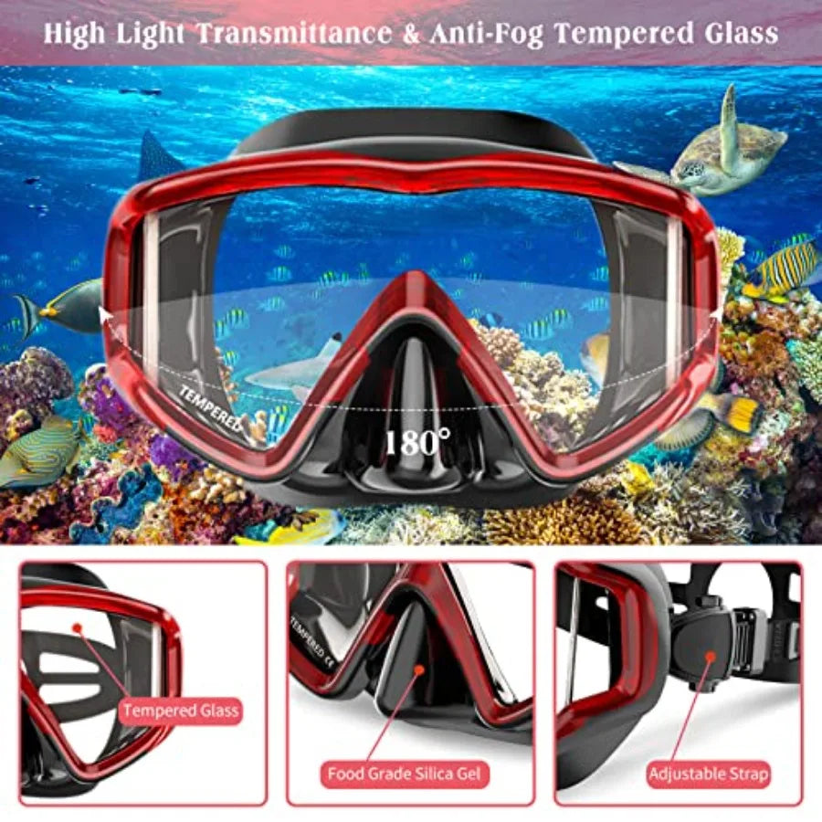 Snorkeling gear for adults: panoramic view diving mask, anti-fog dry top snorkel, adjustable freediving fins, travel bag silico