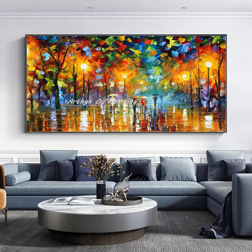Arthyx,Handpainted Night Knife Oil Painting On Canvas,Wall Art,Modern Abstract Landscape Picture For Living Room Home Decoration