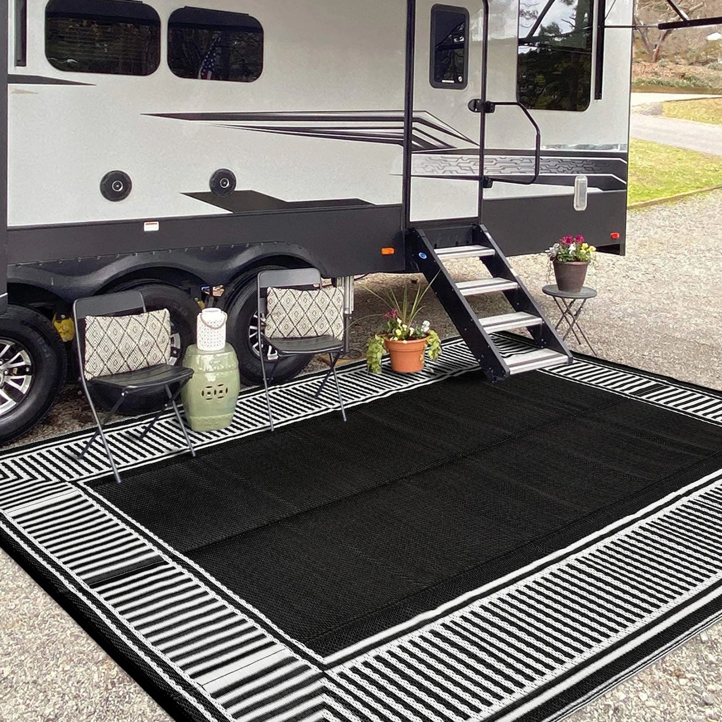 Reversible Outdoor Area Rug- Washable Plastic Geometric Mat  -Portable RV Camping Mat with Carry Bag & Stakes for Patio Porch
