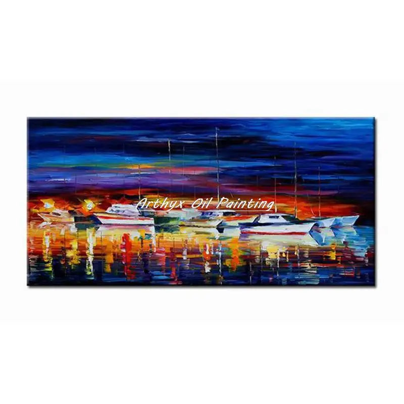 Arthyx,Handpainted Night Knife Oil Painting On Canvas,Wall Art,Modern Abstract Landscape Picture For Living Room Home Decoration