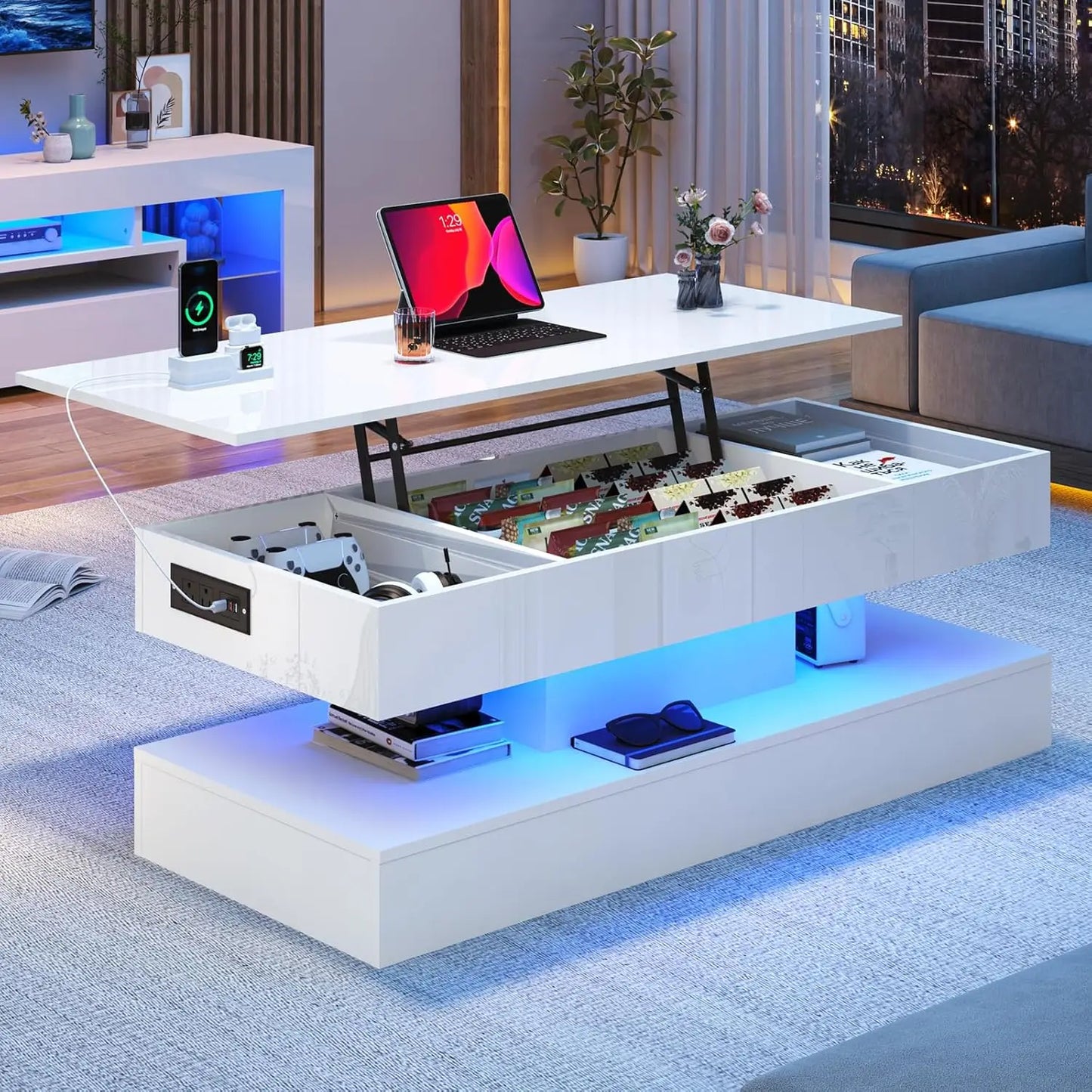 39.4" Large Lift Top Coffee Table,Modern High Glossy LED Coffee Tables for Living Room with Storage,Black Living Room Tables for