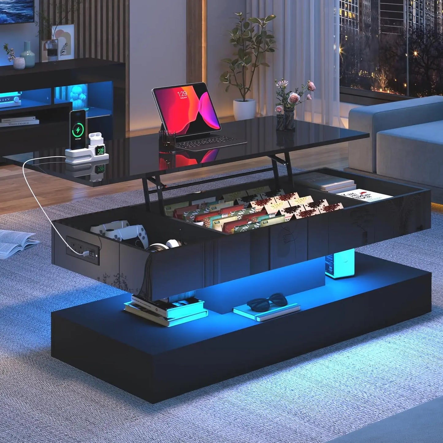 39.4" Large Lift Top Coffee Table,Modern High Glossy LED Coffee Tables for Living Room with Storage,Black Living Room Tables for