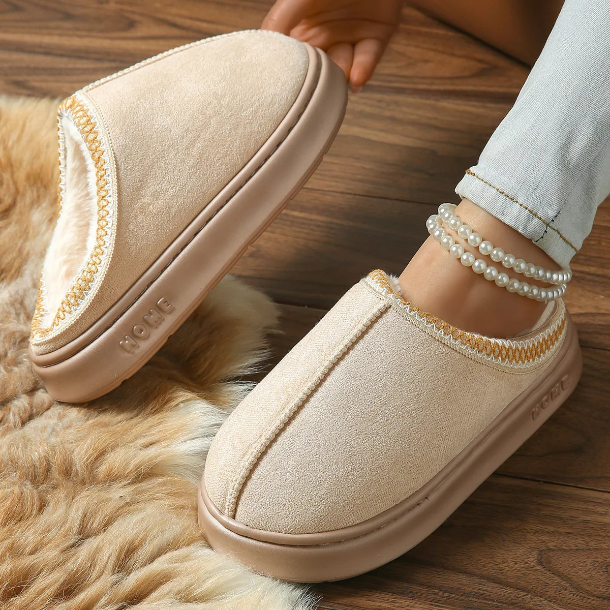 Men's High-End New Solid Color Faux Suede Patchwork Couple's Home Slippers, Thick-Soled, Non-Slip, Lightweight, Warm Cotton Slippers for Women
