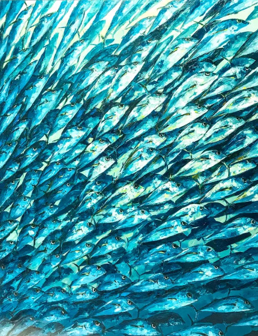 Abstract Large Blue School Of Fish Canvas Painting 3D Texture Underwater World Fish School Art Posters Prints Modern Home Decor